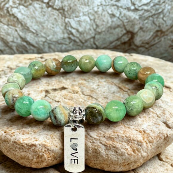 Green Phoenix Stone Charm Bracelet - 8mm Stretchy Crystal Jewelry - Picture 1 of 7
